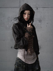 Dark Green Vintage Knit Hoodie Jacket with Suede Paneling