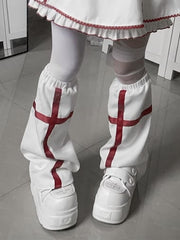 Yami Kawaii White Leg Warmers with Red Cross Design