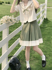 Pleating Details Beige Sailor Collar Short Sleeves Top