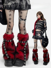 Wine Red Y2K Plush Leg Warmers with Buckle Strap + Plush Scarf