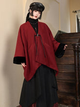 Red New Year Cape Coat - Tassel Embellished Button Placket & Plush Sleeve Cuffs