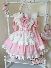 Bunny Ears Sailor Collar Pink Short Sleeves Maid Lolita Dress with White Apron