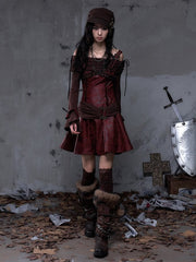 Vintage Punk A-Line Red PU Dress with Brown Knit Off-Shoulder Design & Bell Sleeves