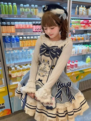 Blue & White Striped Sailor Lolita Dress + Long-Sleeve Top + KC/Beret Set