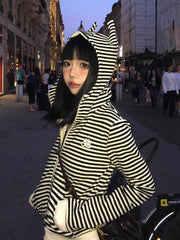 Y2K Black & White Stripes Zip-Up Hoodie with Devil Hood