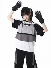 Gray Colorblock Design Techwear Hooded Cropped Vest