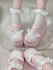Yume Kawaii Pink Round Toe Kitty Angel Heart Buckle Platform Lolita Shoes