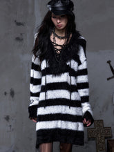 Vintage Punk Black & White Striped Distressed Long Sweater with Faux Mink Collar & Crisscross Lacing