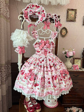 Pink Flutter Sleeves Strawberry Cake Print Sweet Lolita JSK Dress+Blouse+Bonnet+KC+Wrist Cuffs Full Set