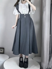 Jirai Kei Gray High-Waist Suspender Skirt:Adjustable Strapswith Decorative Heart Rhinestones