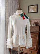 Clearance - Size S for Bust 84cm White Long Sleeves Knit Top with Red & Green Bow Accent and Plush Cuffs Christmas Vibes