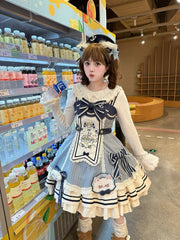 Blue & White Striped Sailor Lolita Dress + Long-Sleeve Top + KC/Beret Set