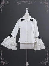 White Tiered Bell Sleeves Blouse with Peter Pan Collar and Lace Accents