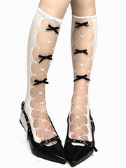 White/Black/Gray Bowknot Details Cutout Design Under-Knee Stockings