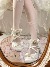White Elegant Lolita Mary Janes - Crystal & Bead Accents with Detachable Heart Charm Beaded Chain