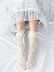 White/Milk White/Black Lace Trim Hollowed-out Calf Socks