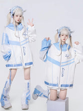 Tenshi Kaiwai Futuristic Landmine Coord Set in Blue & White - Cyber Angel Techwear Jacket, Shorts & Leg Warmers