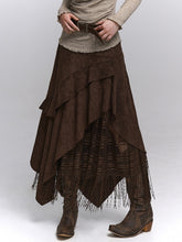 Millard Coffee Suede Wasteland Punk A-Line Skirt with Handkerchief Hem & Fringe Hem