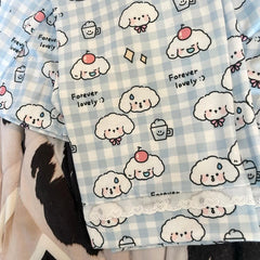 White & Blue Plaid Puppy Print Pajama Set Short/Long Sleeves Options