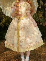 Yellow Bunny and Sunflower Print Puff Sleeves Sweet Lolita Dress with Overlay and Plaid Hem