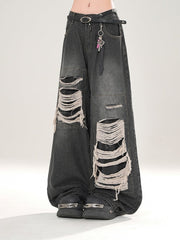 Vintage Black Wide-Leg Jeans with Distressed Detailing