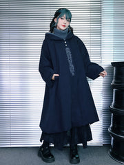 Blue Gothic Cheongsam Puff Sleeve Hooded Long Coat with Jellyfish Embroidery & Bubble Hem