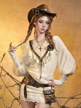 Punk Retro Beige Knit Dress with Bishop Sleeves & Brown PU V-neck