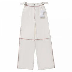 White Straight-leg Cut Plush Bone Charm Waist Pants
