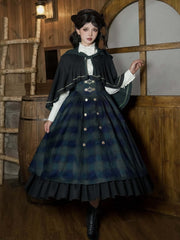 Preppy Style Green Plaid Pattern Lolita Set - Long Version JSK + Shirt + Witch Hooded Cape
