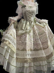Teacup and Rabbit Print Green Layered Country Lolita Dress with Lace Trimmings
