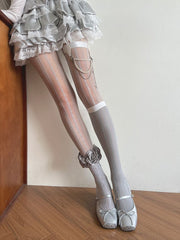 Gray Hollow-out Tights/Leg Loop with Beaded strands and Star-shaped Charms/Floral Trims Socks/Gray Semi-sheer Underknee Stockings