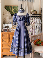 Dark Blue Striped Pattern Slim Fit Waist Retro Fashion Dress