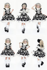 Clearance - Size M for Bust 85-92cm Black and White Old School Lolita Dress Bow Accents Scalloped Edge Trim Skirt