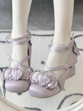 Wedge Design Purple Sweet Mary Janes for Lolita with Heart Stitching on Heel & Bow at Top