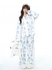 Puppy and Kitten Print White Long Sleeve Pyjama Set