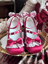 Sweet Wine Red Lolita Low Heels in Satin with Bead-Embellished Heart Closure & Bow Accents