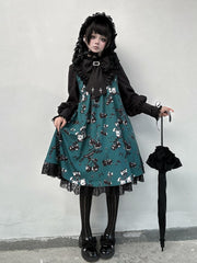Cherry and Bunny Dolls Print Green & Black Dark Gothic Lolita OP Dress