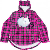 Rose Red Gyaru Fashion Oversized Bunny Print Plaid Pattern Hoodie