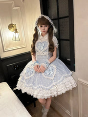 Blue & White Lace-Trimmed Sweet Lolita Dress with Heart Motifs and Bows
