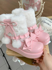 Pompon Embellishment, Bow Accents & Lace Details with Inner Zip PU Baby Pink Platform Boots in Sweet Lolita