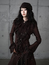 Brown Vintage Princess Tie-Neck Blouse with Tiered Flounce Lace & Button-Down Front