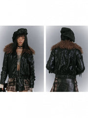 Glossy Black Metal Eyelet Hem Punk Padded Jacket with Detachable Faux Fur Collar & Wing Embroidery