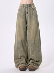 Vintage Faded Wash Blue Wide-Leg Jeans with Patterned Detailing