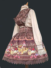 Coffee Diamond Pattern Sweet Lolita Overall Dress with Dessert Print and Cat Ear Hood