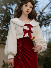 White V-Neck Lolita Coat with Red Bowknots