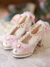 White & Pink Floral and Bow Accent 5CM/6CM/8CM Hime Lolita Block Heels