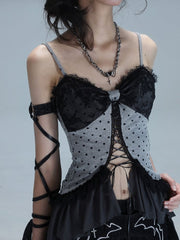 Gothic Punk Gray Polka Dot Cami Top with Lace Patchwork & Crisscross Lacing