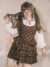 Plus Size Preppy Tiered Brown Plaid Dress with Sailor Collar & Detachable Roses