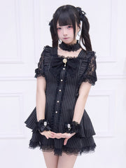 Jirai Kei Style Black Striped Full Set: Cutout Shoulder Dress with Adjustable Side Lace-up and Matching Skirt