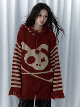 Wine Red Skull Bunny Punk Loose Hooded Sweater with Striped Sleeves